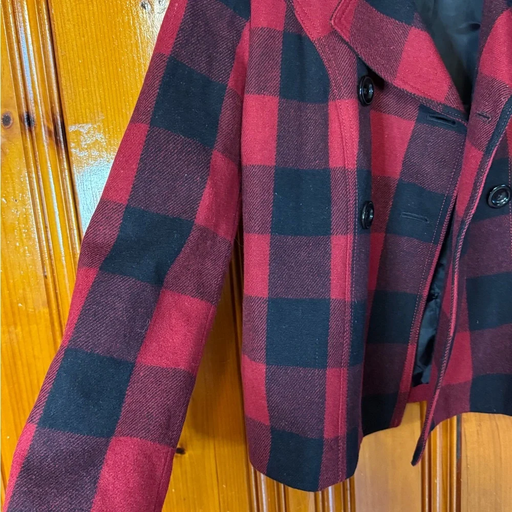 GAP Women's Checkered Pea Coat in Red and Black - Picture 2 of 12